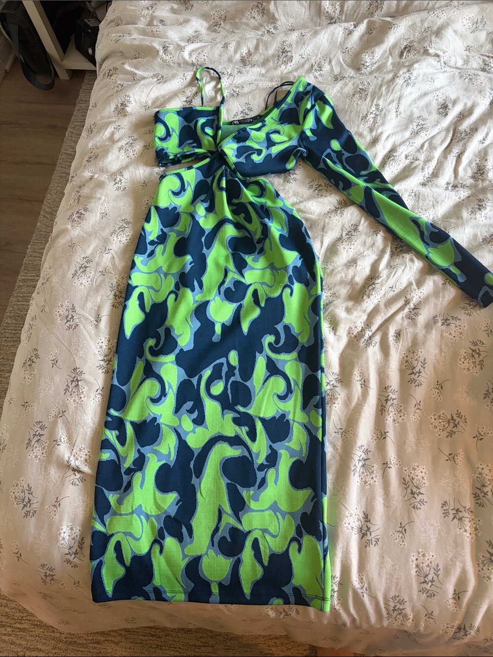 Zara Navy & Lime Green Abstract One-Shoulder Midi Dress